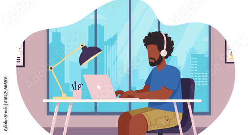 A man works from home on his laptop, wearing headphones.  Perfect for blog posts about remote work, or productivity.