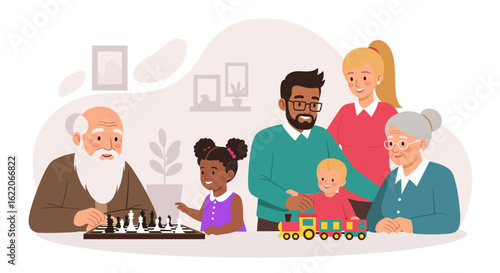 Multigenerational family playing chess and with toys, perfect for family, togetherness, and generational connection themes.