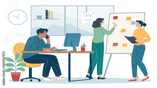 Teamwork in a modern office: diverse colleagues collaborating on a project, perfect for business presentations and website landing pages.