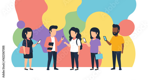 Diverse group of young adults using smartphones, ideal for website banners or social media posts.