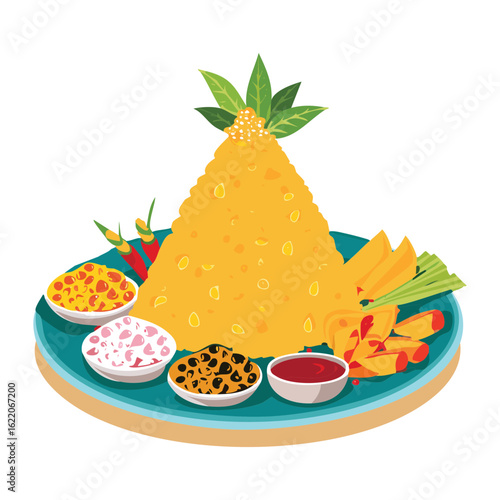  Traditional Yellow Rice with a Variety of Accompaniments - Vector Illustration