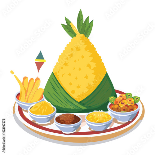 Traditional Yellow Rice with a Variety of Accompaniments - Vector Illustration