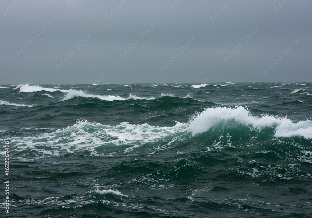 Fototapeta premium Powerful ocean waves crash dramatically against the rugged coastal rocks, creating a foamy blue splash under the summer sky