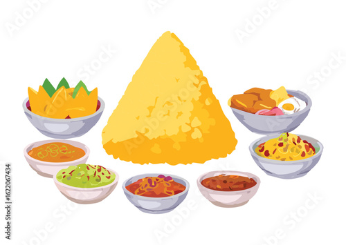 Traditional Yellow Rice with Bowls of Accompaniments - Vector Illustration