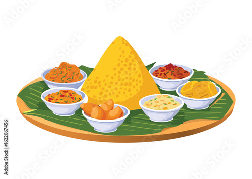 Traditional Yellow Rice with Festive Accompaniments - Vector Illustration