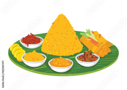 Traditional Yellow Rice with Bowls of Accompaniments - Vector Illustration