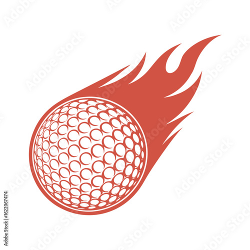 Red golf ball with flames in motion on white background sport game
