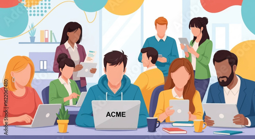Diverse team of coworkers collaborating on laptops and tablets in a modern office setting. Perfect for website banners, presentations, or marketing materials.