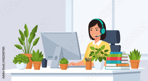 Smiling woman with headset working at computer in modern office, perfect for website banners or brochures.