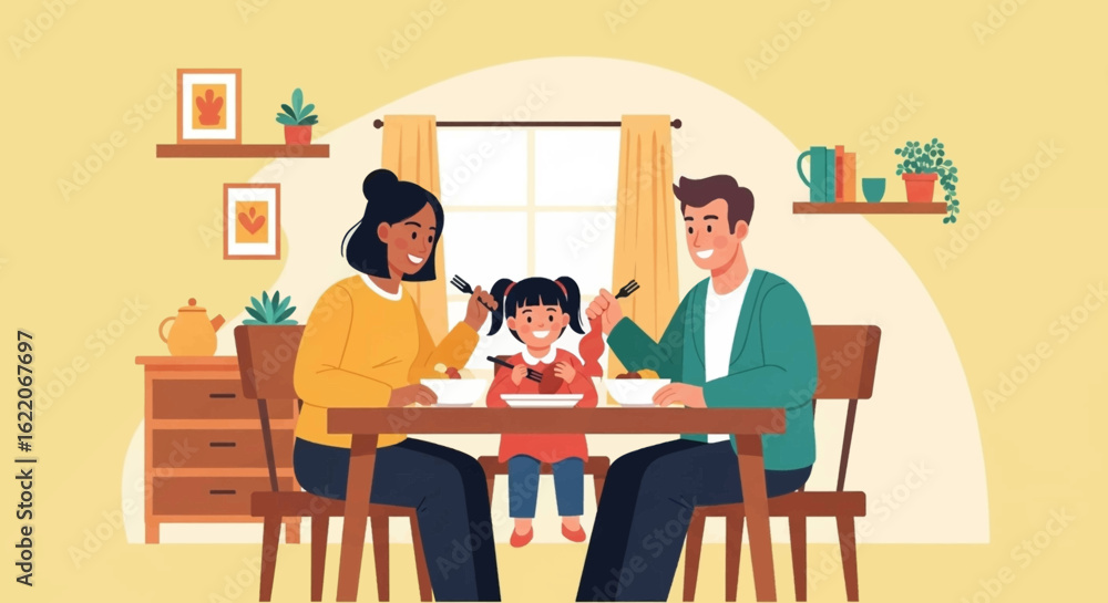 Fototapeta premium Happy family enjoying a meal together at home. Perfect for family, food, and lifestyle content.