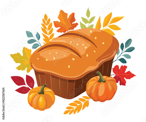 Autumn Pumpkin Bread Loaf with Fresh Spices - Vector Illustration