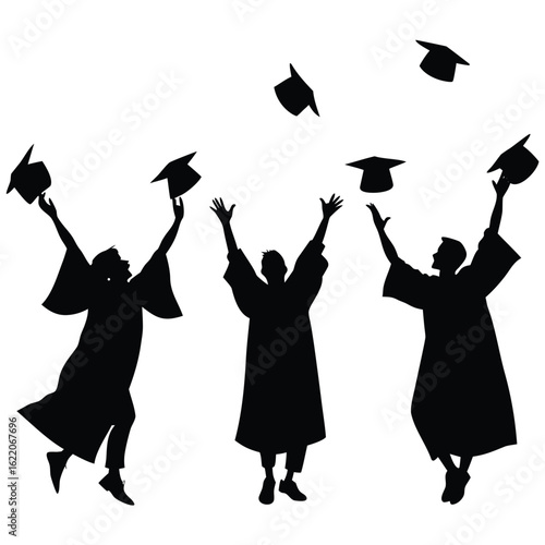 Black silhouettes of graduates celebrating tossing caps graduation throwing
