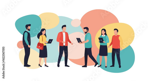 Diverse team of professionals collaborating using laptops and tablets. Ideal for website banners, presentations, and marketing materials.