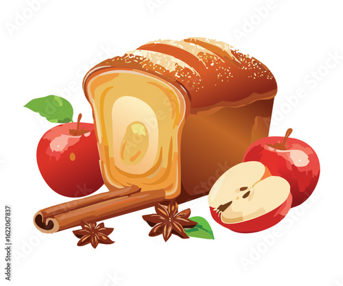 Sliced Loaf Bread with Apple and Cinnamon Spices - Vector Illustration