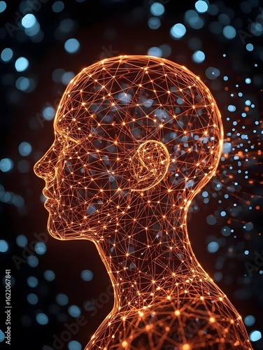Futuristic Glowing Wireframe Head Profile – Digital AI Mind with Orange & Blue Bokeh Background