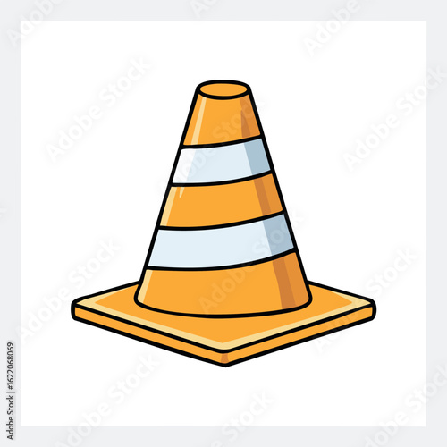 An isolated orange and white traffic cone icon. A simple flat vector illustration for under construction, road work, and safety barriers.