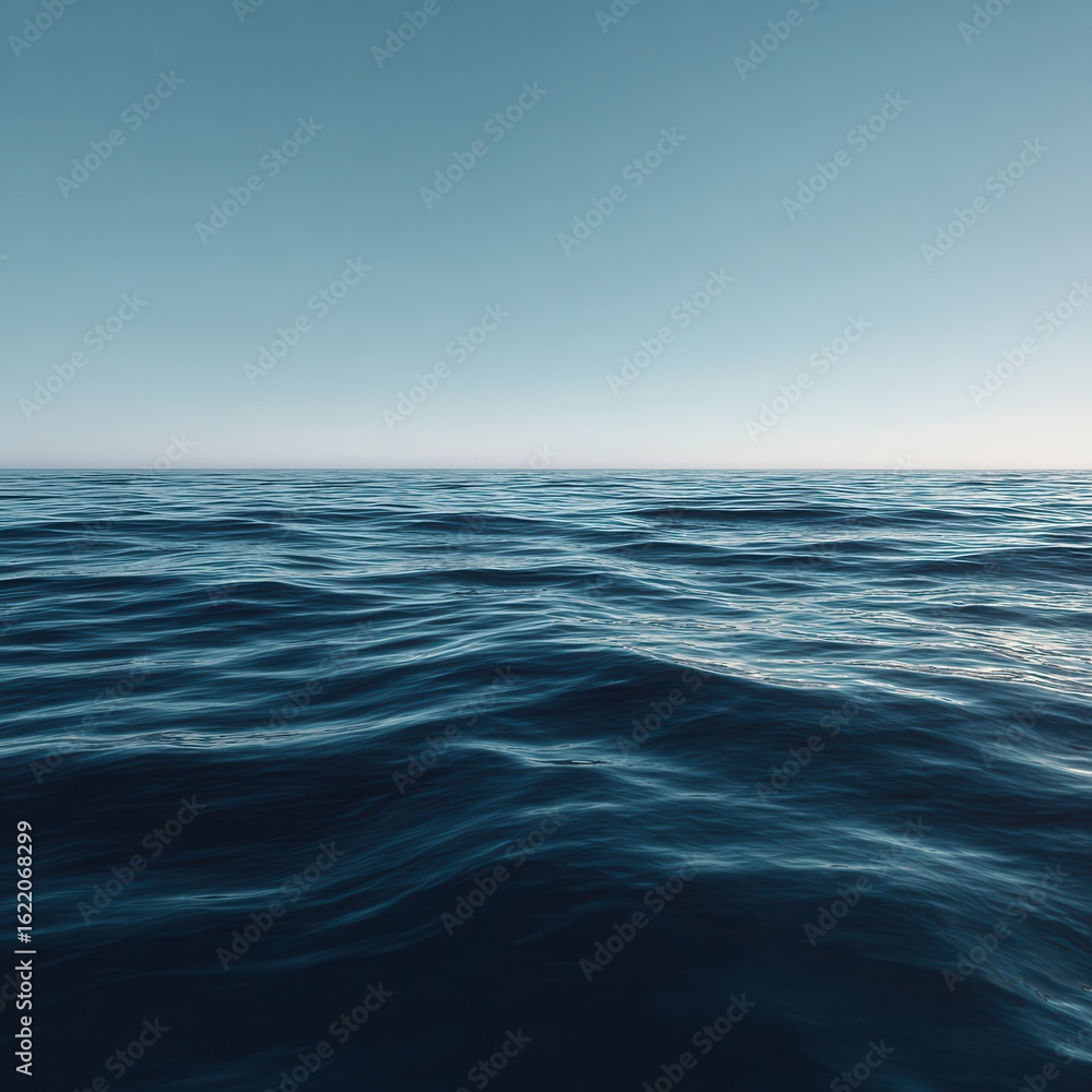 Obraz premium Realistic photograph of an expansive ocean, its surface calm and blue with small waves, under clear skies. The water should have gentle ripples with the horizon stretching out to.
