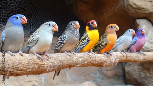 Row of Colorful Gouldian Finches Perched on Branch