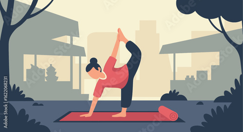 Woman practicing yoga outdoors in a city park. Perfect for wellness websites, blogs, or brochures.