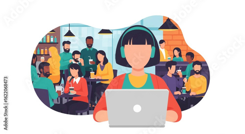 Woman working on laptop in a busy cafe, perfect for illustrating remote work, coworking spaces, or a cafe culture concept.