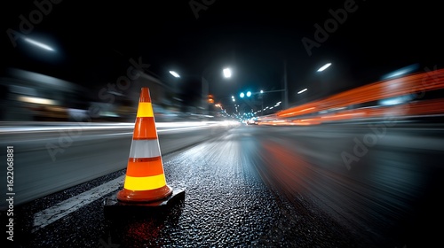 Night Traffic Safety Cone Urban Roadway Motion Blur