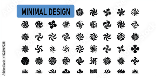 Collection of black abstract swirling shapes and icons on white background vector