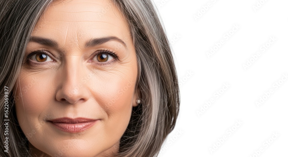 Woman with graying hair gazing directly with makeup and a serene expression Woman with graying hair gazing directly with makeup and a serene expression