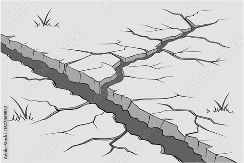 Illustration of a deep crack in the ground, a seismic fault line or fissure caused by an earthquake or severe drought.