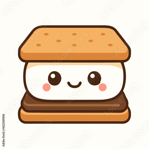 Cute cartoon marshmallow treat with smiling face on toasted graham crackers isolated on white background