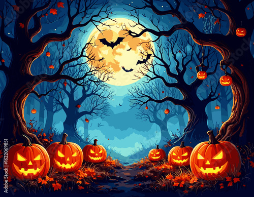 Eerie Halloween night concept with glowing jack-o'-lanterns illuminating a haunted forest path under a full moon with flying bats.