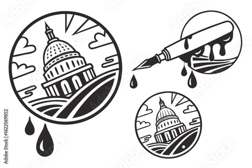 Vector icon set illustrating political concepts with a government capitol building and a dripping ink pen, symbolizing legislation and scandals.