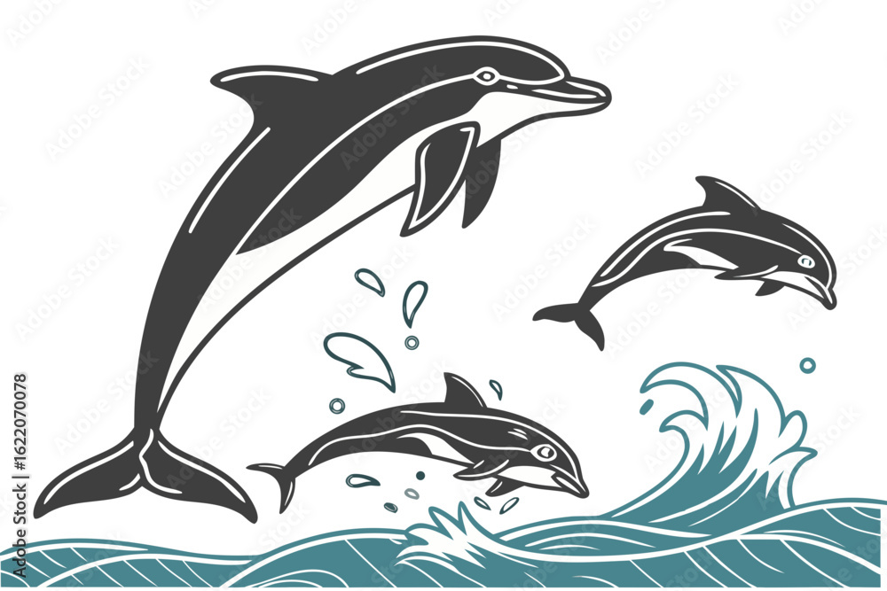 Naklejka premium A beautiful vintage-style monochrome illustration featuring a pod of three playful dolphins leaping joyfully from the ocean waves
