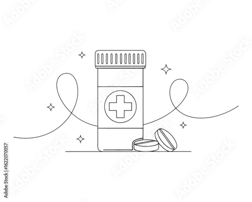 Vector art of simple line art illustration of a medicine bottle with pills for healthcare and pharmaceutical concepts