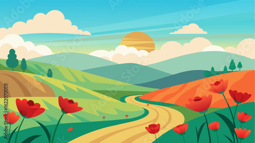 The gentle hills and valleys of the poppy fields evoke a sense of calm and serenity as if time has slowed down in this idyllic setting.