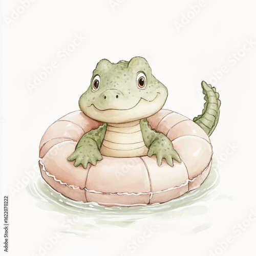 a cute Baby crocodile with floaties learning to swim