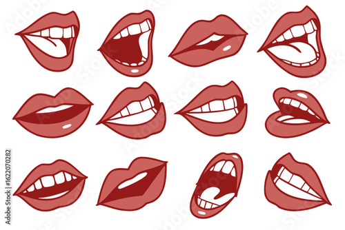Pop art style cartoon mouths set. Vector graphic collection of female lips with diverse expressions for the concepts of emotion, speech, and communication.