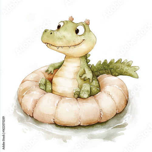 a cute Baby crocodile with floaties learning to swim