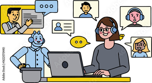 Customer service team with human agent and robot assistant collaborating on laptop
