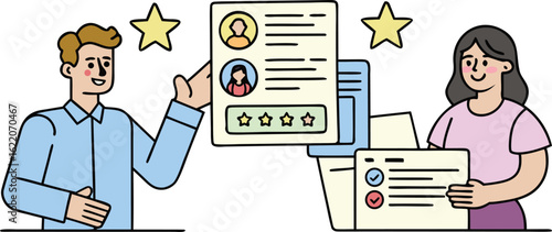 Two people reviewing resumes and job applications with stars indicating positive feedback