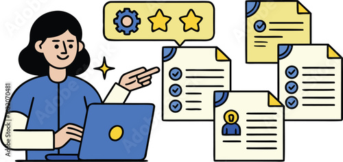 Woman reviewing job applications and resumes on a laptop with positive feedback