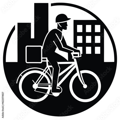 Cyclist delivering package in urban silhouette delivery bicycle