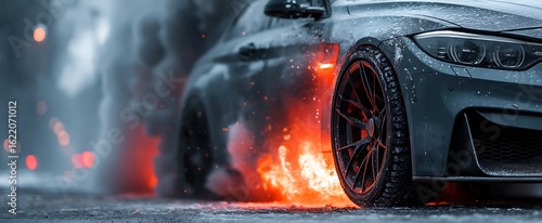 Fiery Car Inferno Smoke and Flames Engulf Luxury Vehicle with Dramatic Scene.