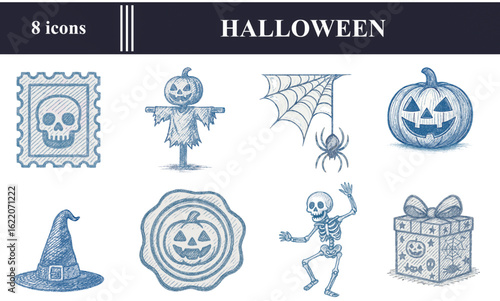 Halloween icons set, vintage style, spooky holiday elements, dark colors