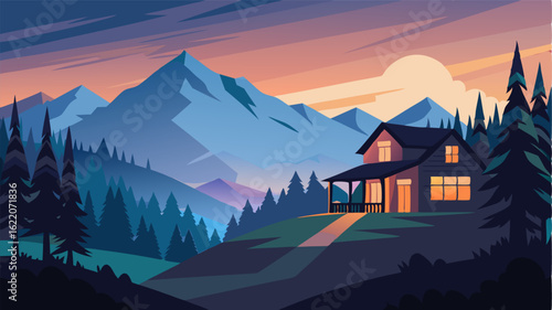 Surrounded by towering pines and rolling hills the mountain lodge at dusk is a peaceful escape from the chaos of the outside world.