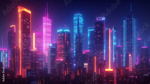 Wallpaper Mural Modern futuristic cityscape illuminated with vibrant neon lights in cyberpunk aesthetic, glowing towers in deep blue and magenta shades, digital evolution, technology, and futuristic urban design. Torontodigital.ca