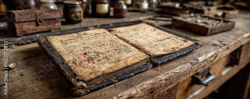Paper logbook in rustic antique echo concept. An old, worn book rests on a wooden table in a rustic workspace.