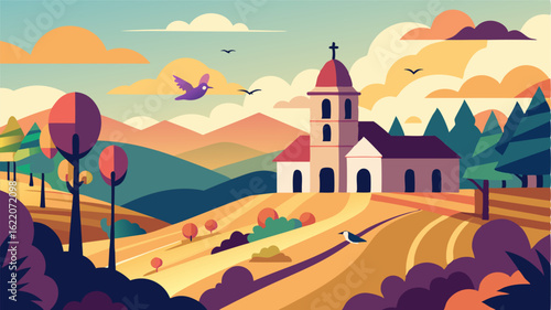 The distant sound of church bells adds to the peaceful ambience as birds chirp and flutter around the vineyard creating a sense of harmony with nature.