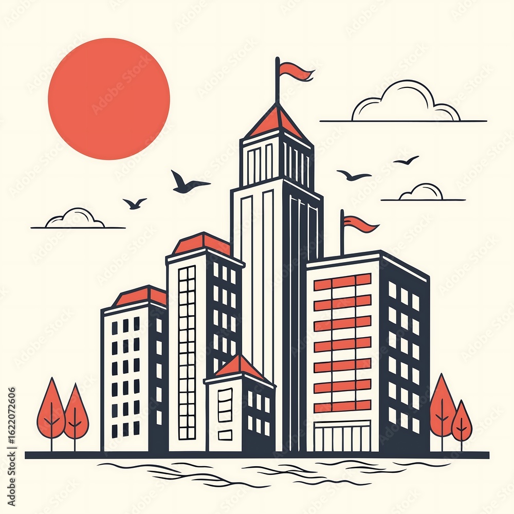 Fototapeta premium Stylized Cityscape Illustration with Sun Clouds Buildings and Trees