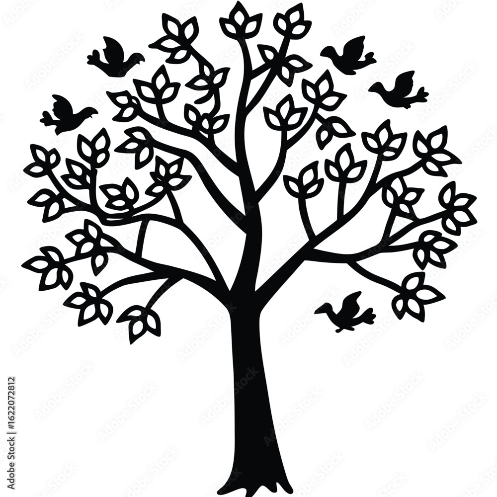 Fototapeta premium A Beautiful Tree Silhouette with Flying Birds and Leaves