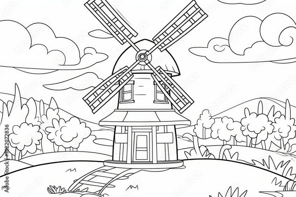 Fototapeta premium Cartoon windmill on farm landscape coloring page for kids with thick lines, simple line art, clear black and white outline, minimal details